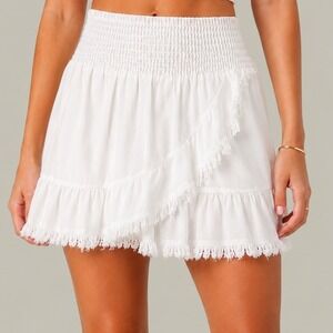 Muche Muchette Womens Mini Skirt Tencel White Smocked Waist Raw Fringe Hem S/M
